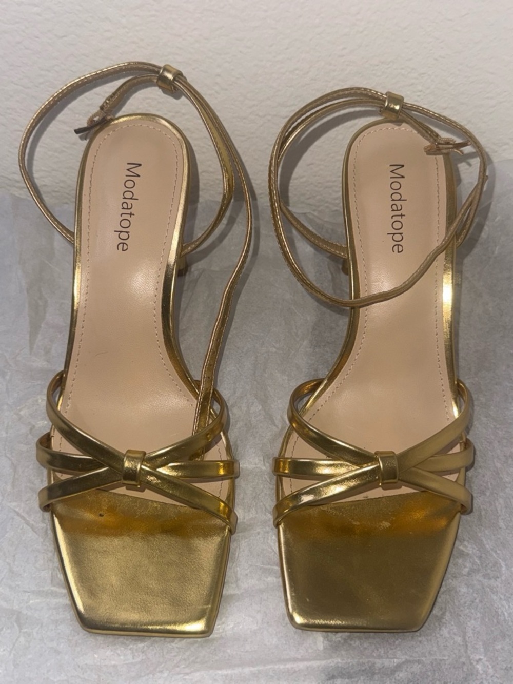 Modatope Metallic Gold Strappy Ankle-Wrap Heels